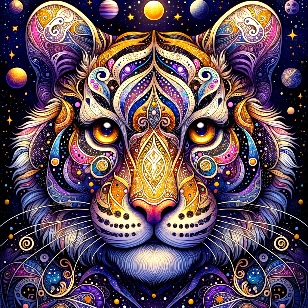 Vibrant Illustration of a Tiger's Cosmic Face