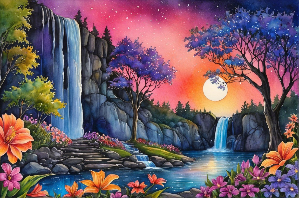 Vibrant Landscape with Waterfalls and Colorful Flora