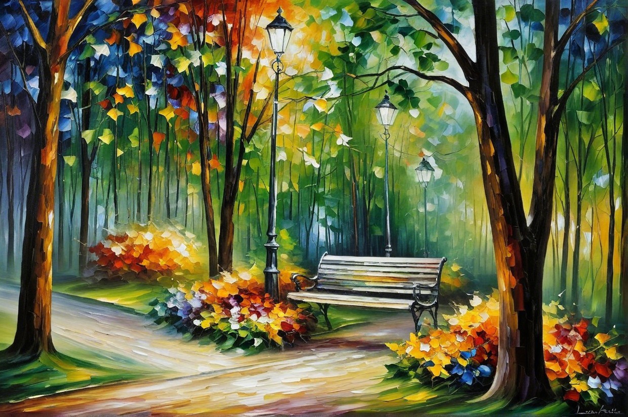 Autumn Park Scene with Colorful Leaves and Benches