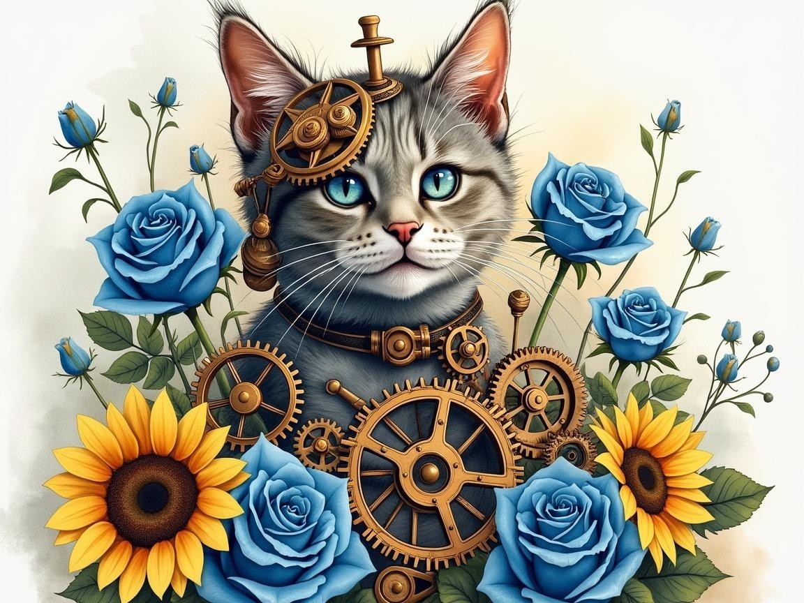 Whimsical Cat Illustration with Blue Eyes and Gear Mechanism