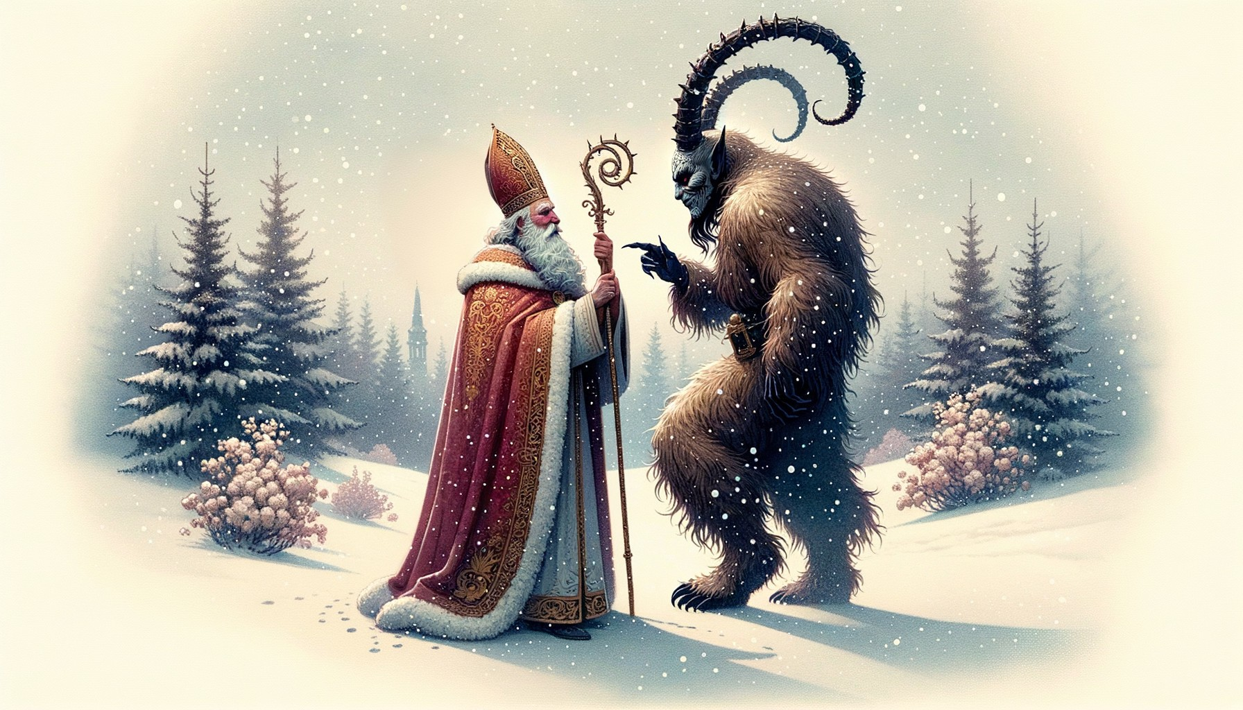 Robed figure with staff confronts horned creature in snowy forest