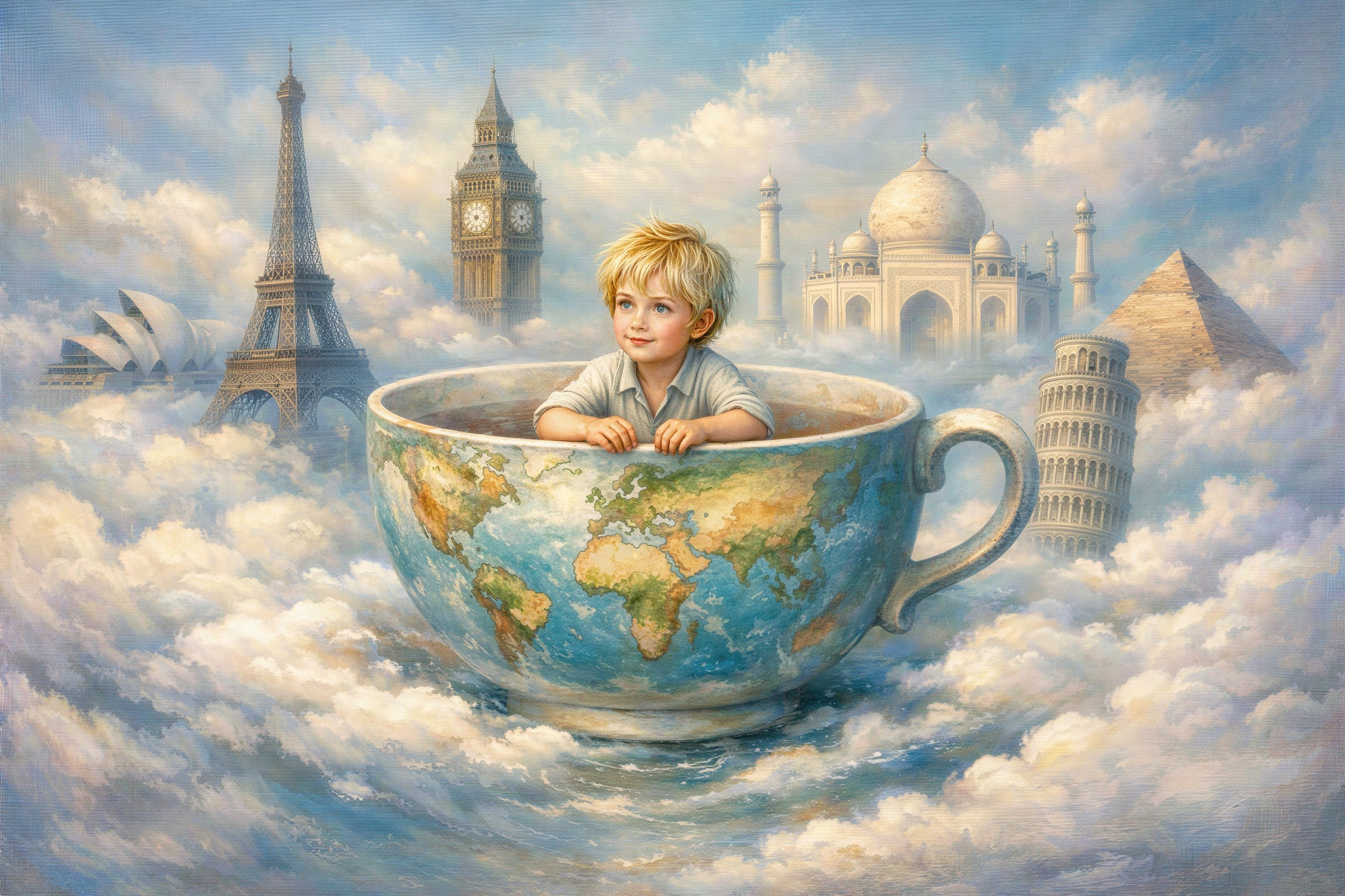Dream-like oil painting of a child in a mug with landmarks