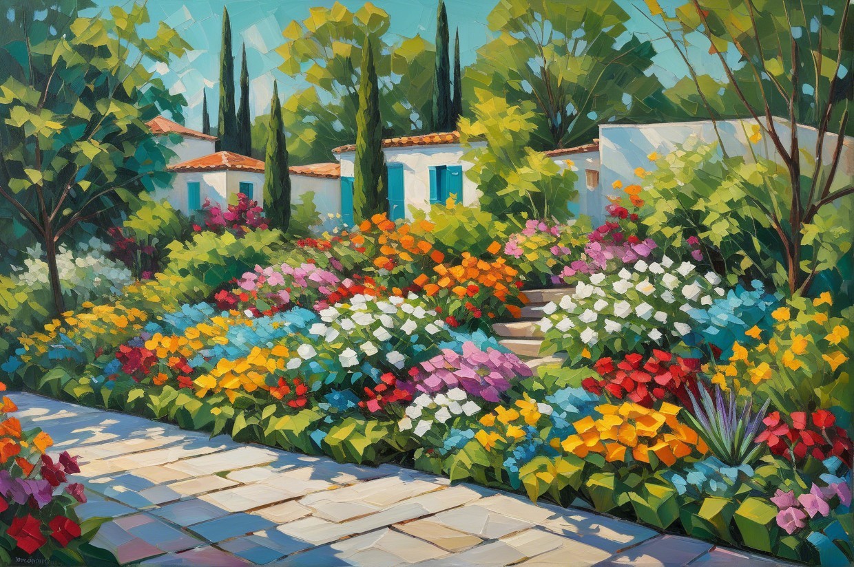 Vibrant garden pathway with colorful flowers and greenery