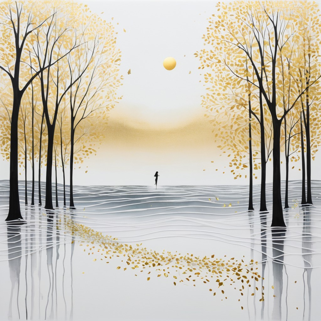 Serene Landscape with Black Trees and Golden Leaves