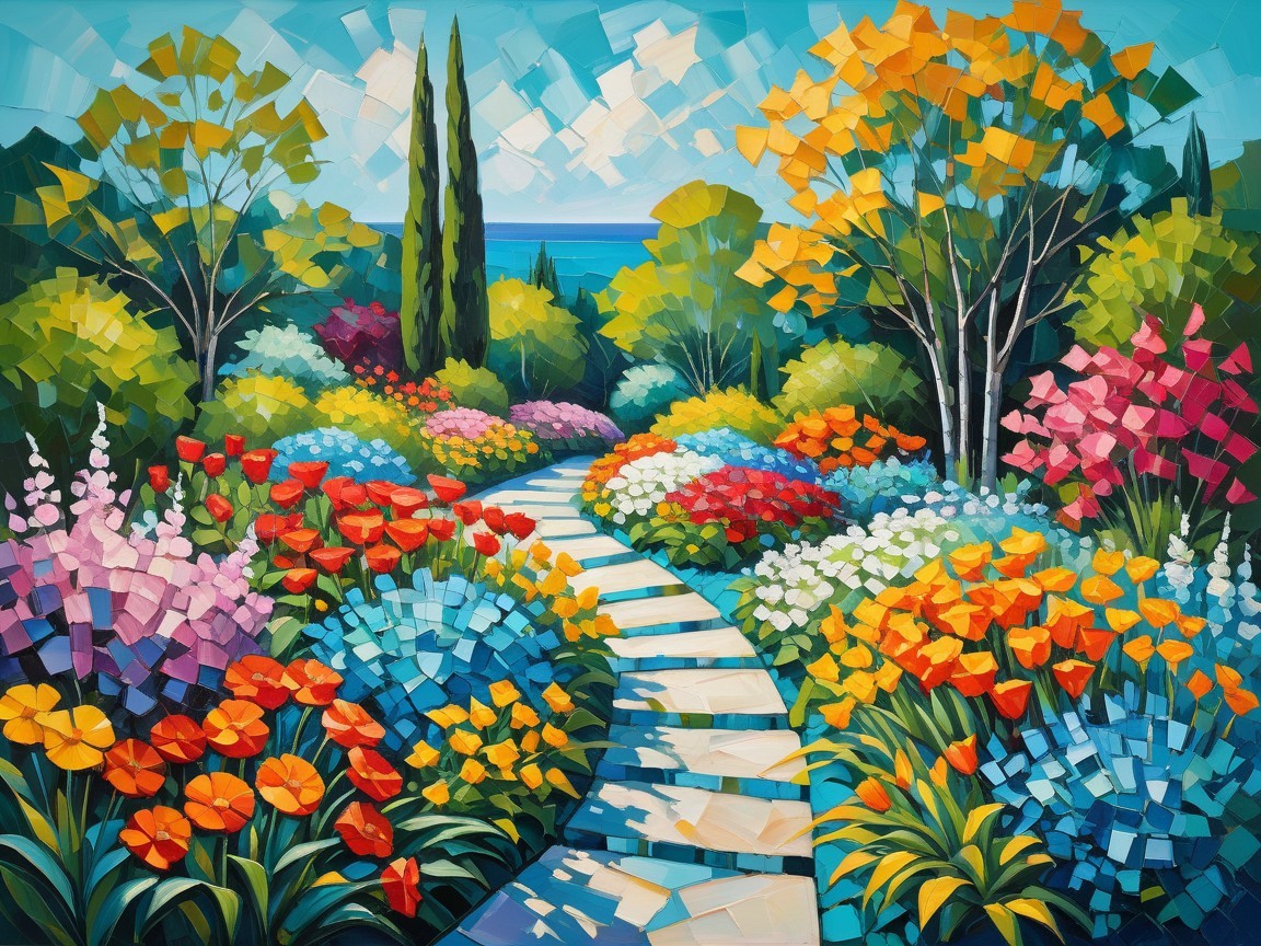 Vibrant Garden Scene with Colorful Flowers and Sea