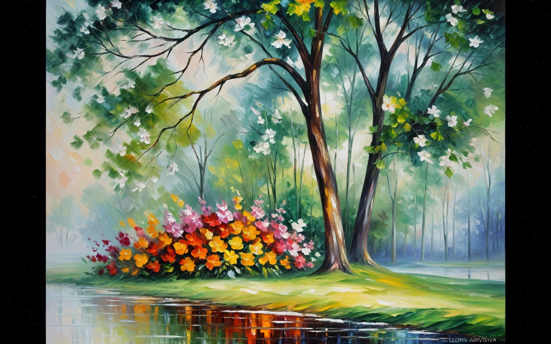 Vibrant Landscape with Trees and Colorful Flowers