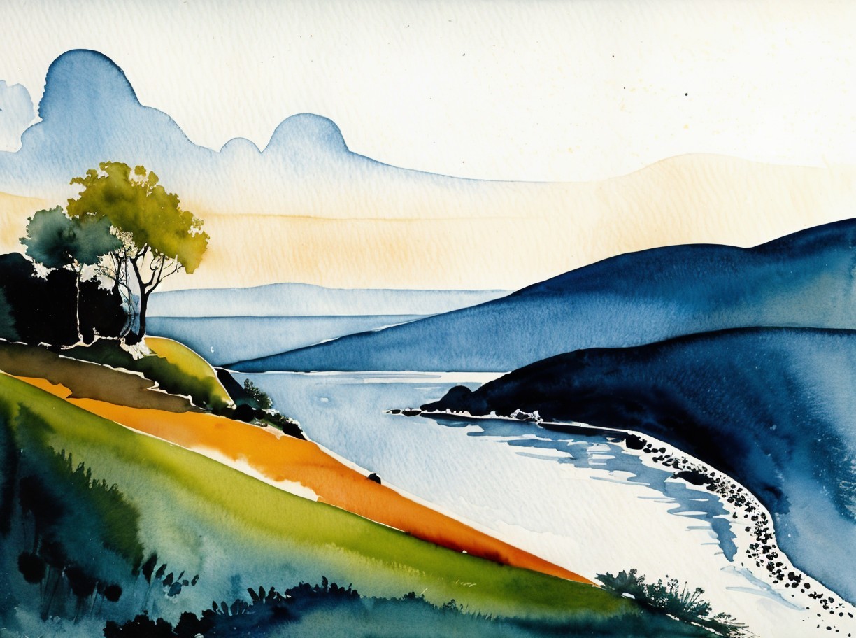 Serene Watercolor Landscape of Hills and River