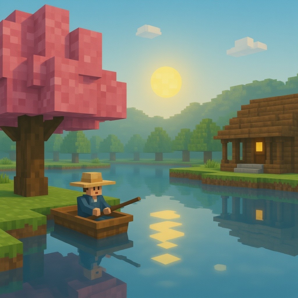Pixelated Serene Landscape with Cherry Blossom Tree