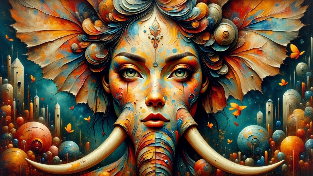 Vibrant Artwork of Woman and Elephant Fusion