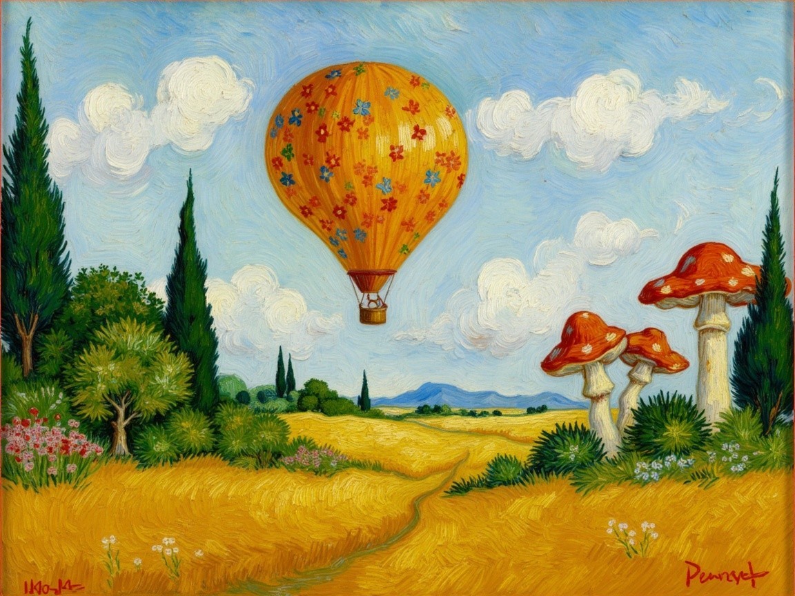 Vibrant Landscape with Hot Air Balloon and Mushrooms
