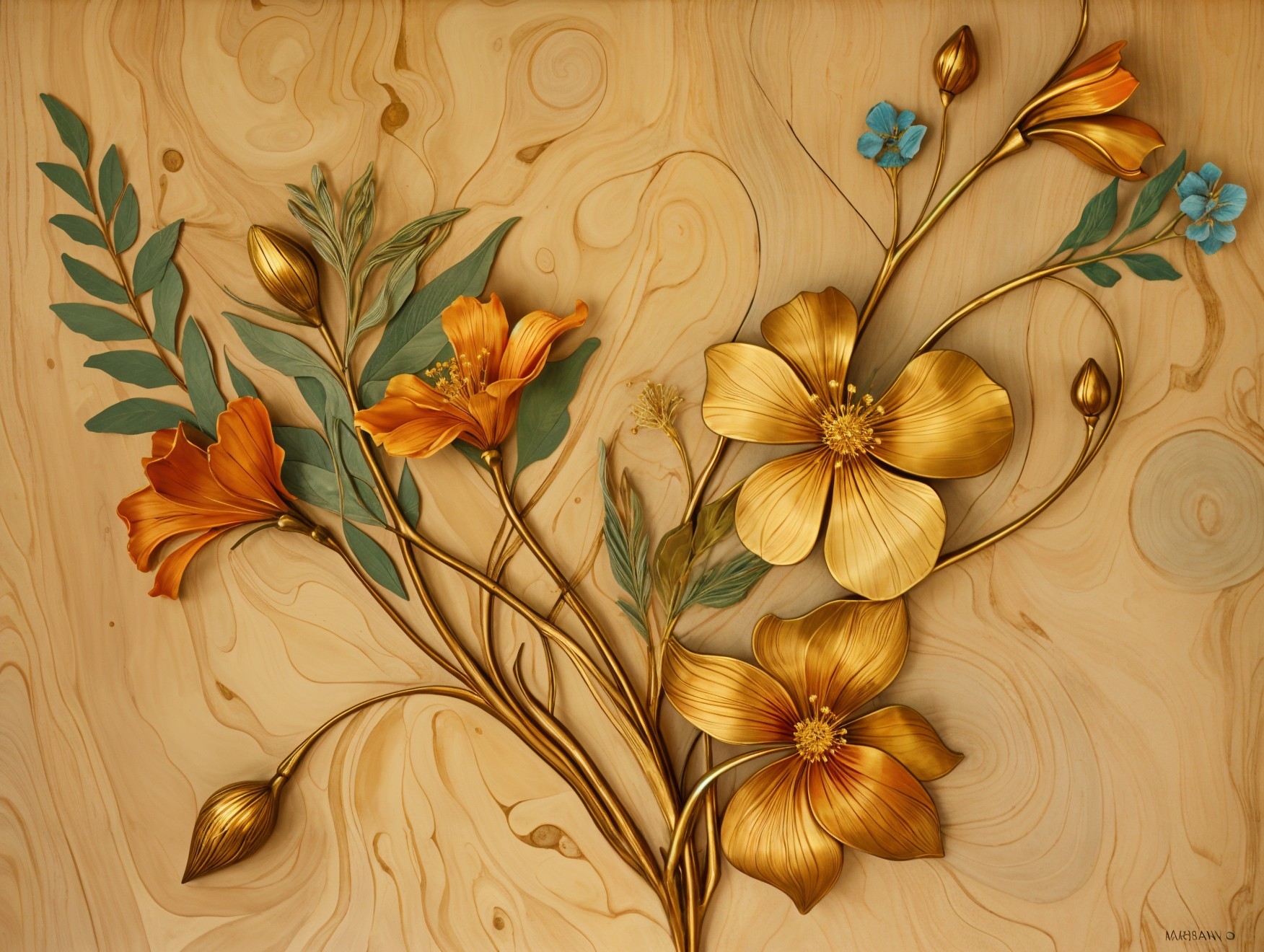 Three-Dimensional Golden Flower Arrangement on Wood