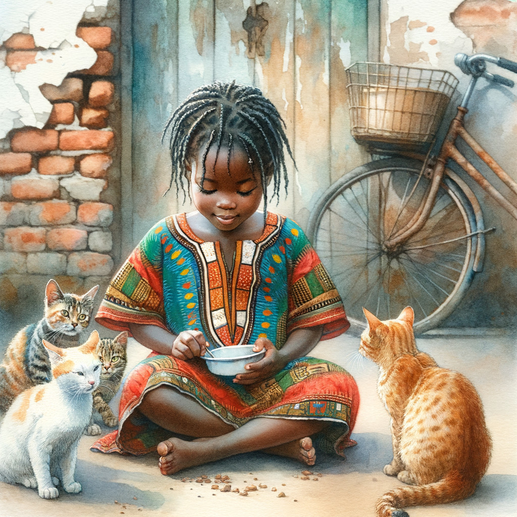 Young girl in patterned dress feeding playful cats