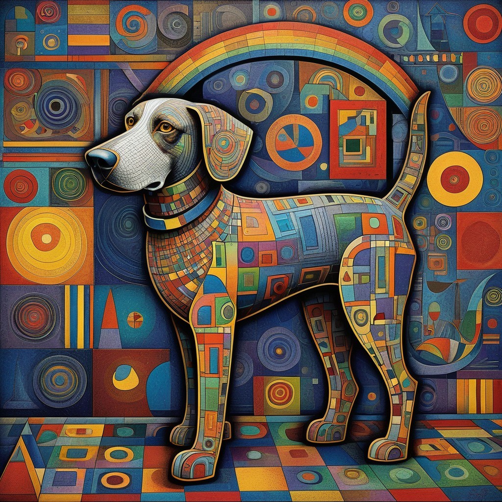 Stylized Dog Artwork with Geometric Patterns and Colors