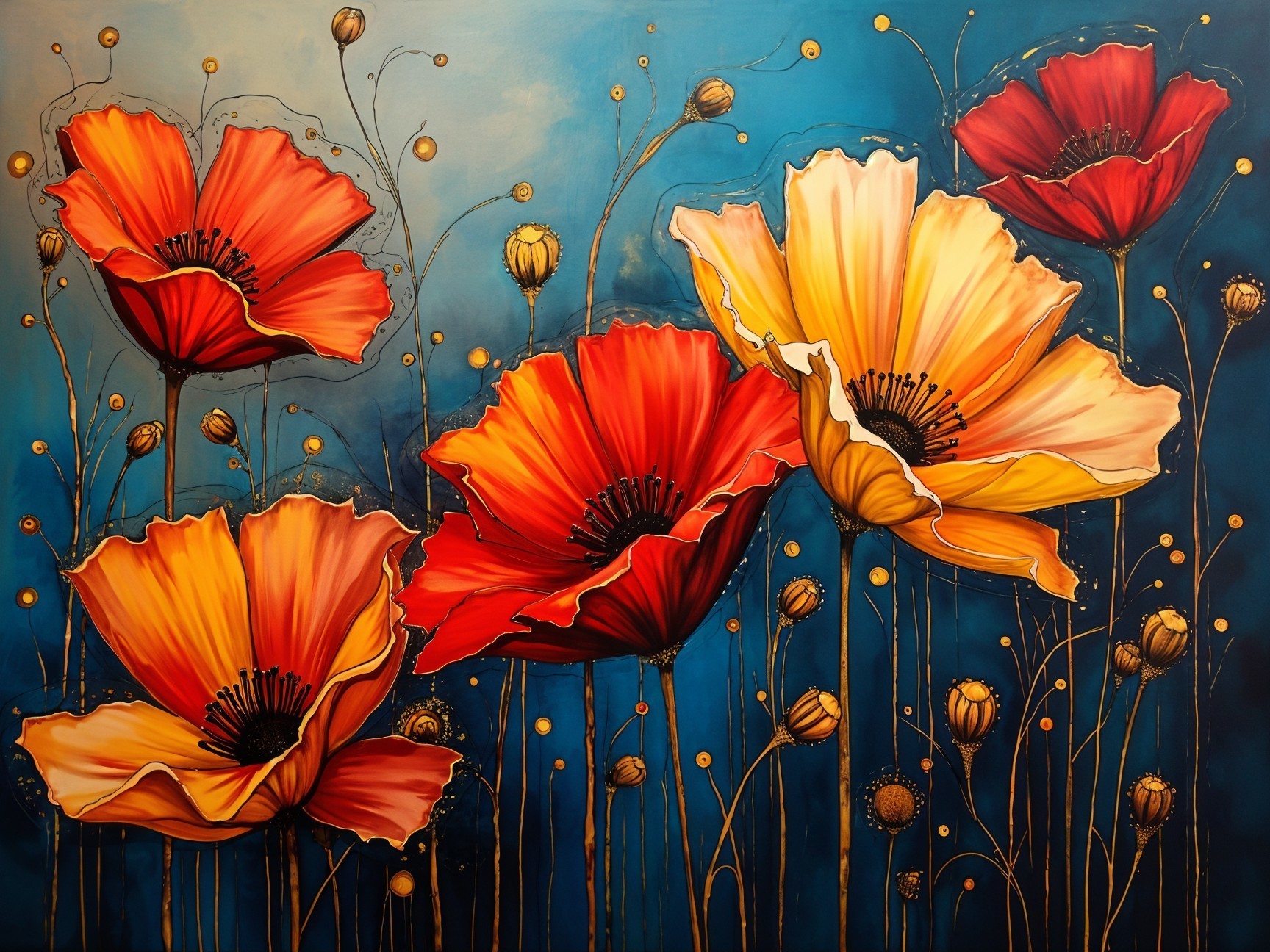 Vibrant Painting of Bold Poppies on Blue Background