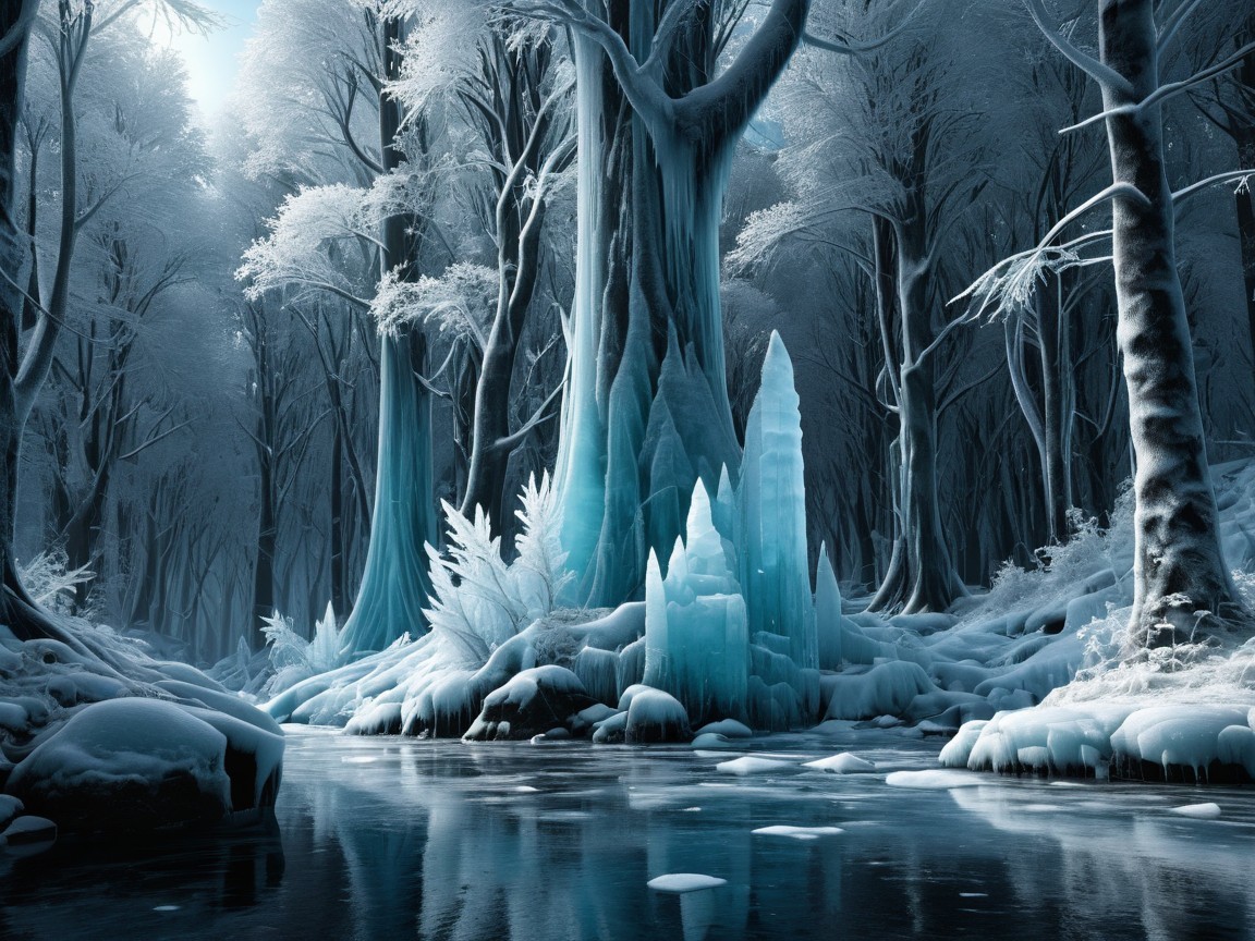 Frozen Winter Landscape with Dark Blue River