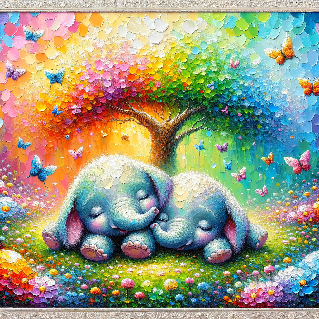 Sleeping Elephants in a Colorful Meadow Scene
