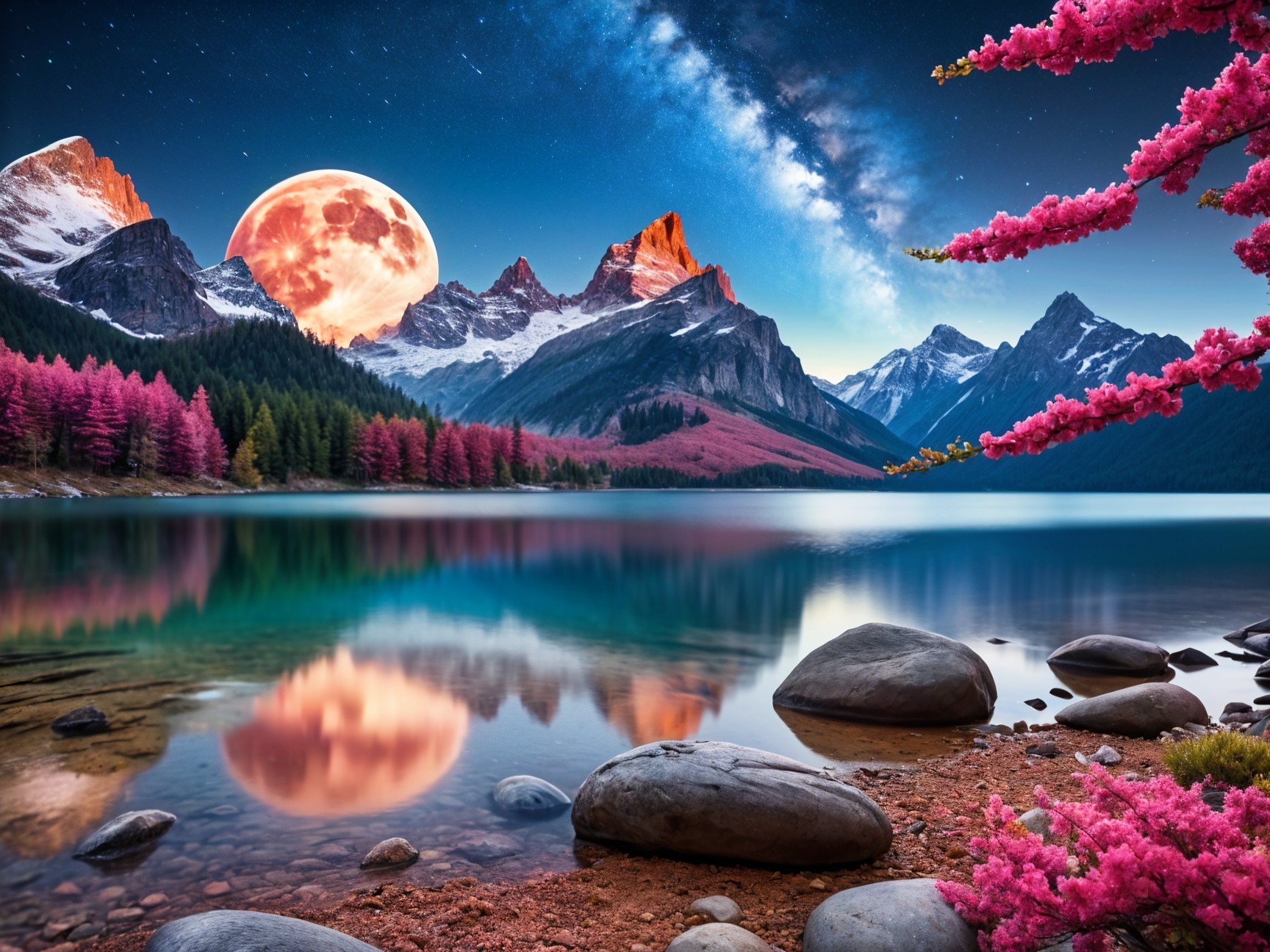 Tranquil Lake with Mountain Peaks and Cherry Blossoms