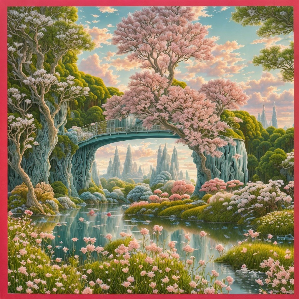 Serene Landscape with River, Bridge, and Cherry Blossoms