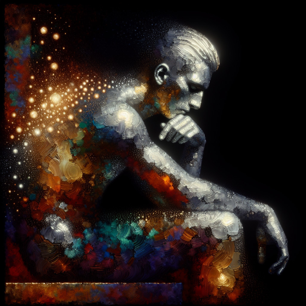 Contemplative Figure in Metallic and Vibrant Colors
