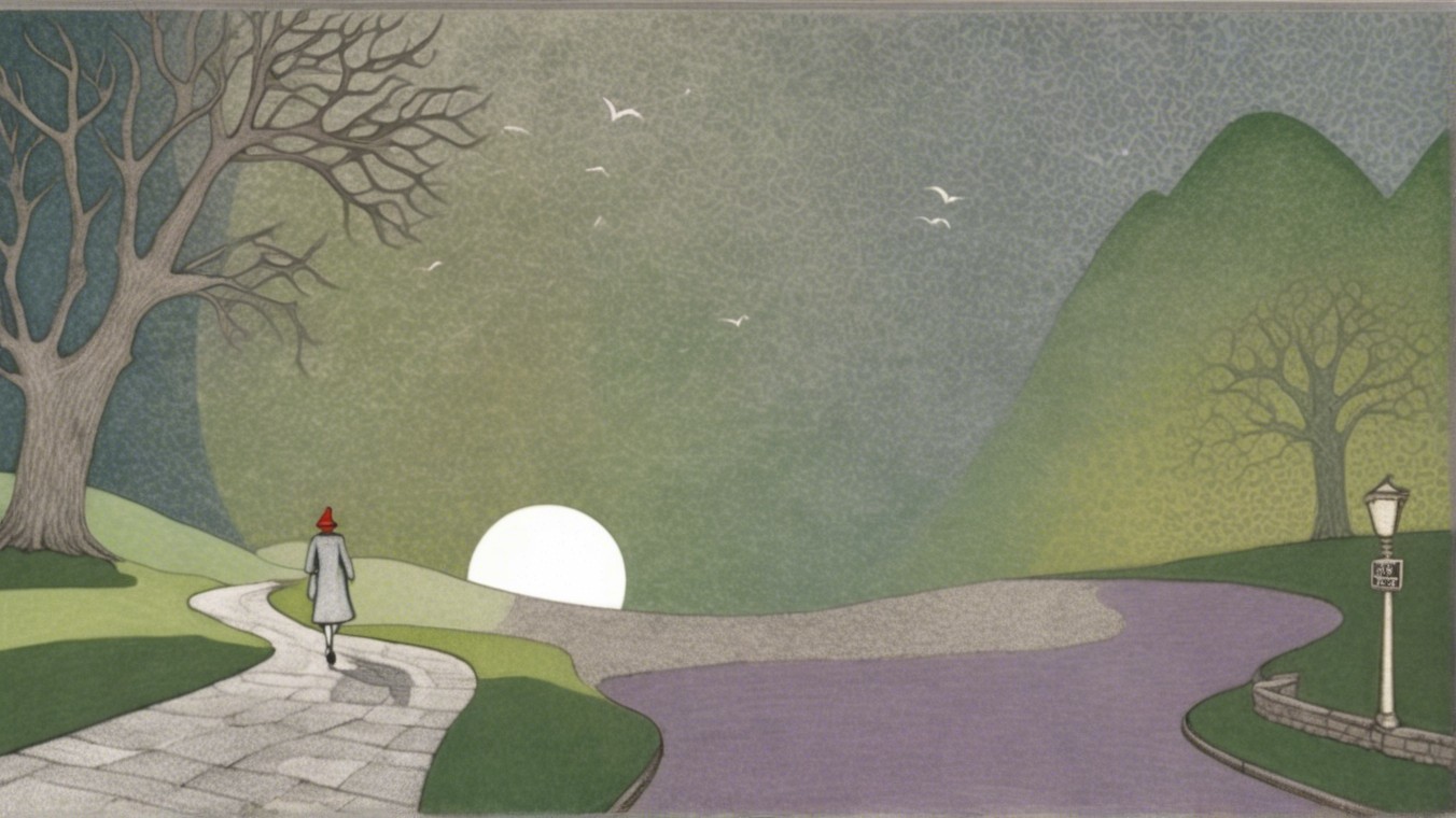 Serene Landscape with Winding Path and Rising Sun
