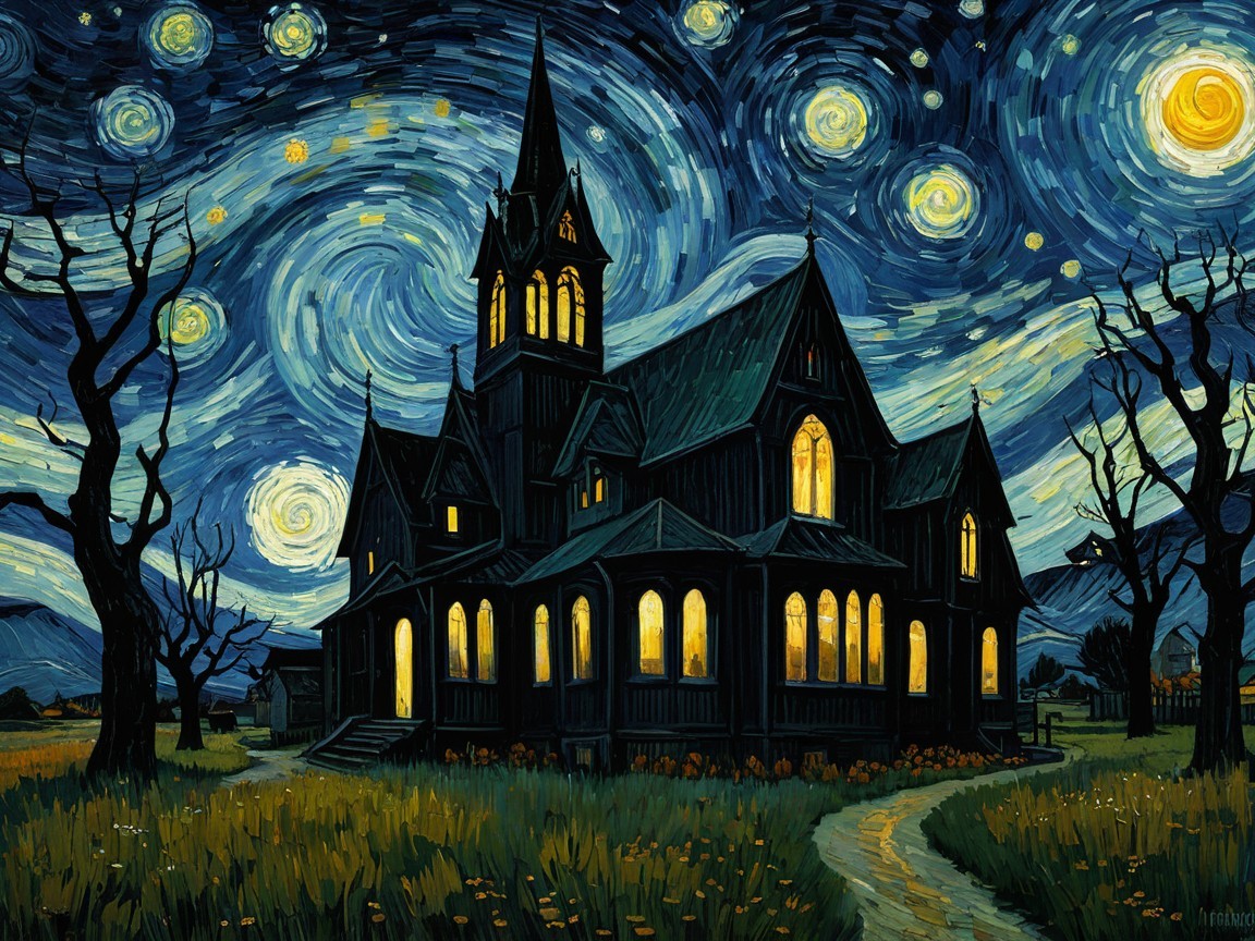 Gothic-style house under a starry night sky