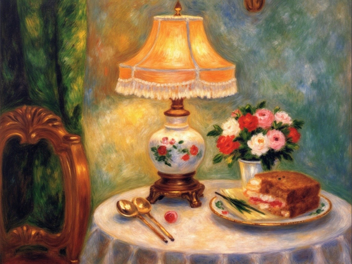 Still Life with Table, Lamp, Flowers, and Cake