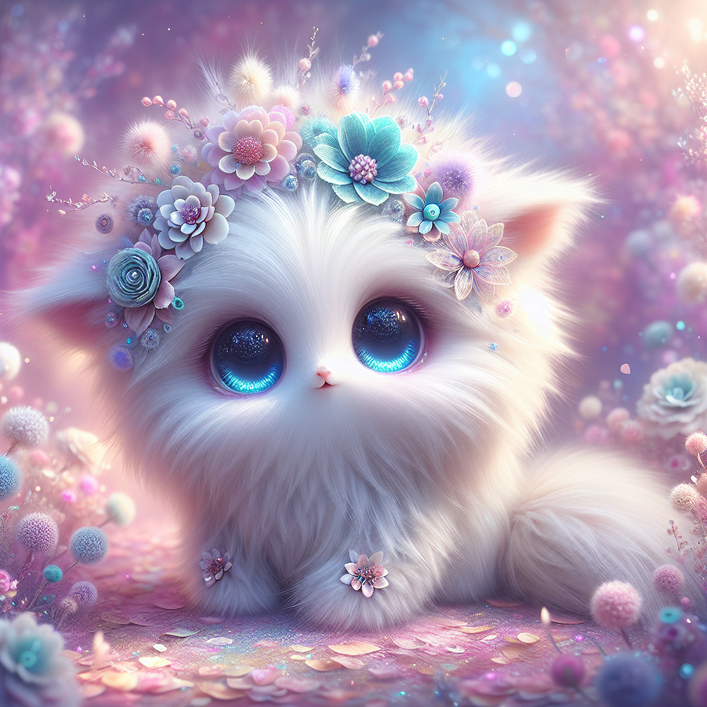 Fluffy White Kitten in a Dreamy Floral Landscape