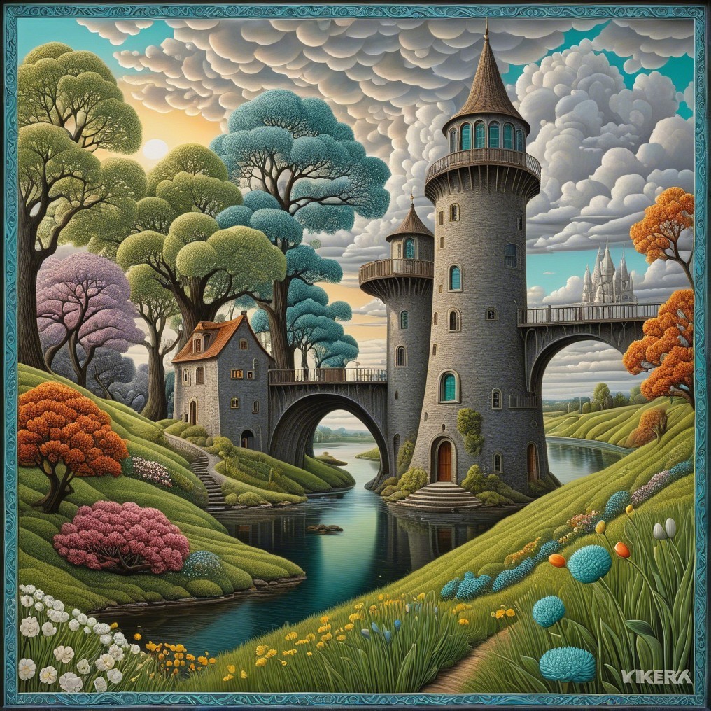 Whimsical Landscape with Castle and Colorful Nature