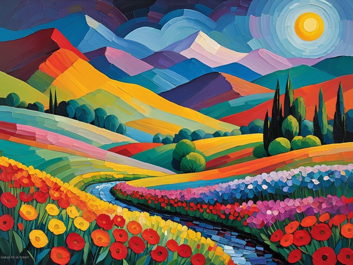 Vibrant Landscape with Colorful Hills and Flowers