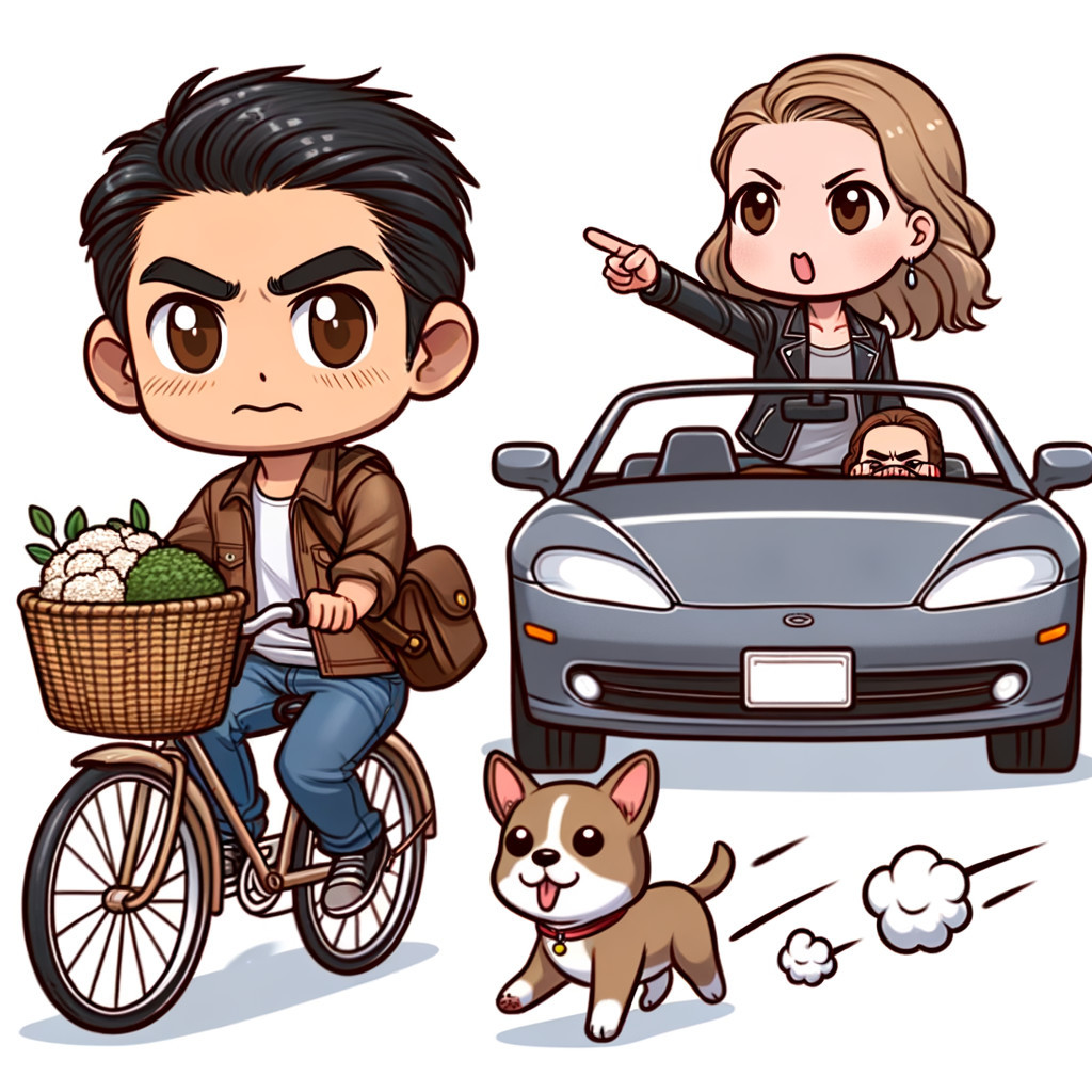 Cartoon Scene of Bicycle and Convertible Adventure