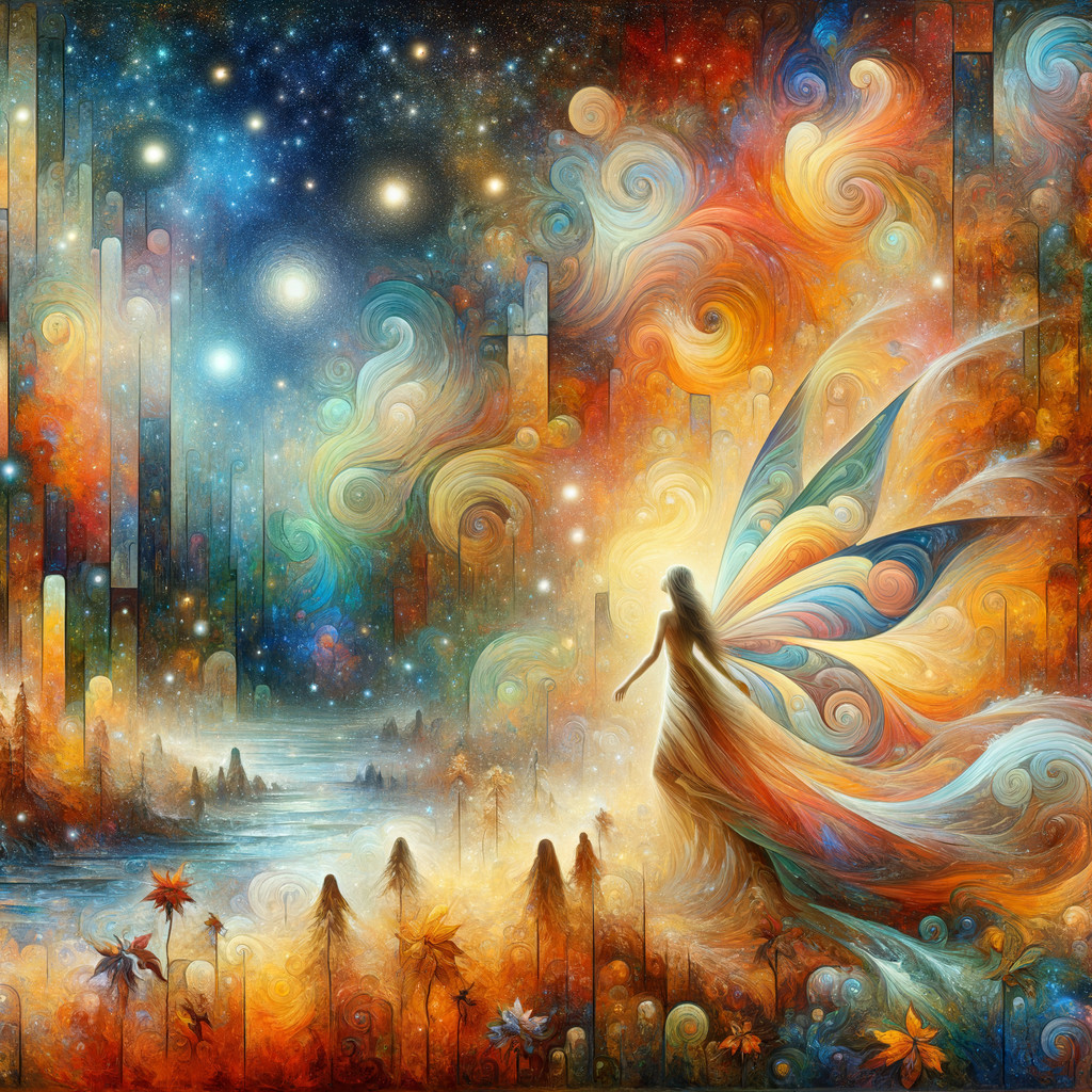 Colorful Dress and Ethereal Wings in Vibrant Landscape