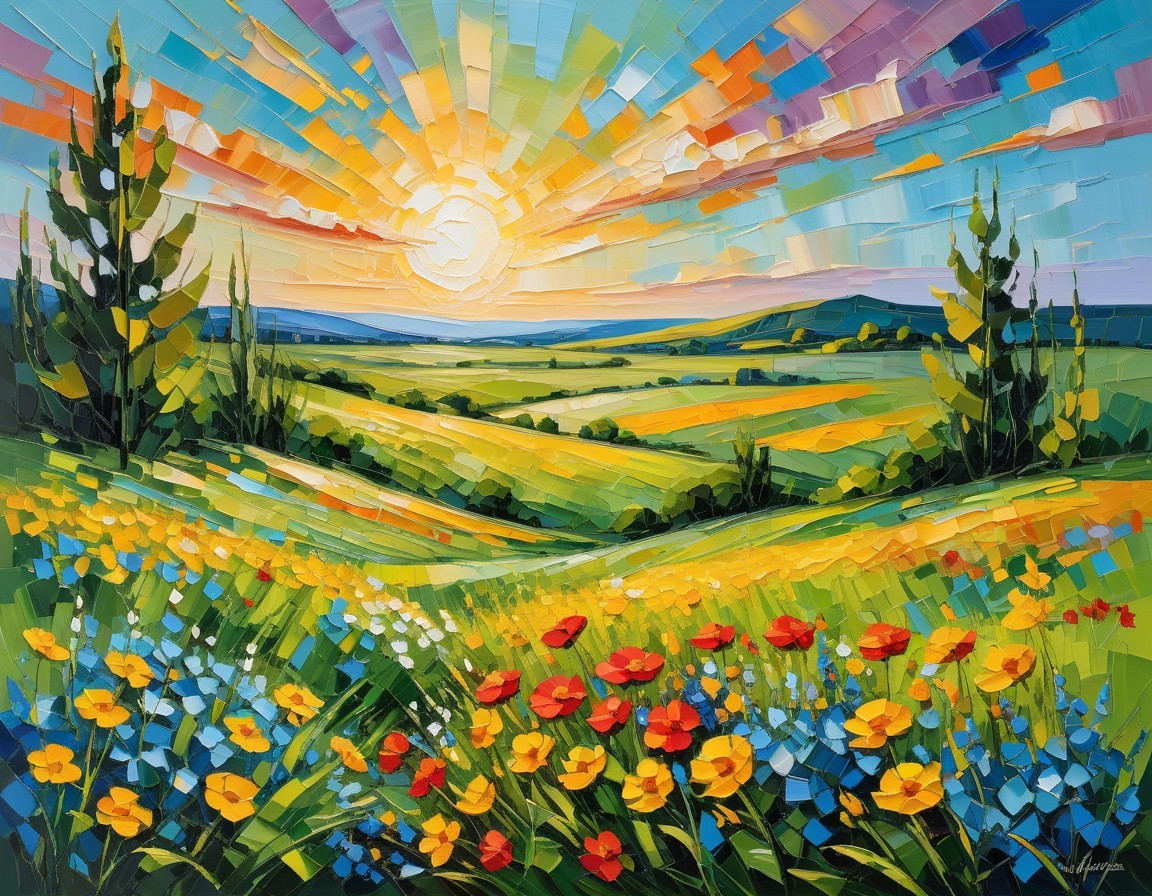 Vibrant Landscape at Sunrise with Colorful Wildflowers
