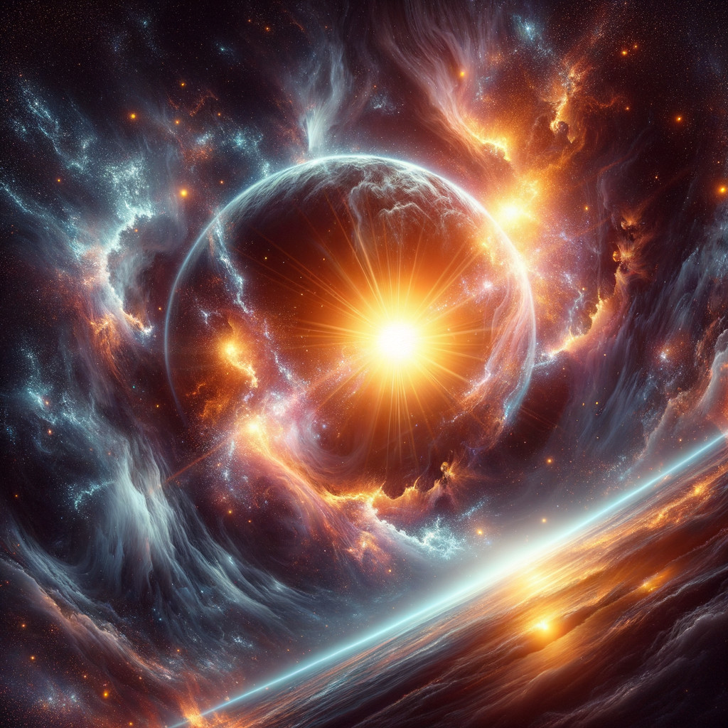 Vibrant Cosmic Scene with Glowing Sun and Stars