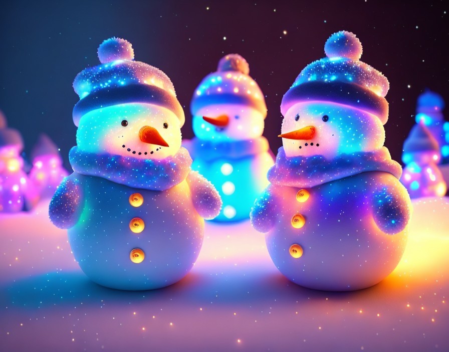 Glowing snowmen in hats and scarves on colorful background