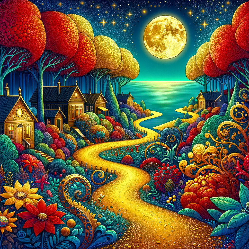 Whimsical Landscape with Golden Path and Serene Water