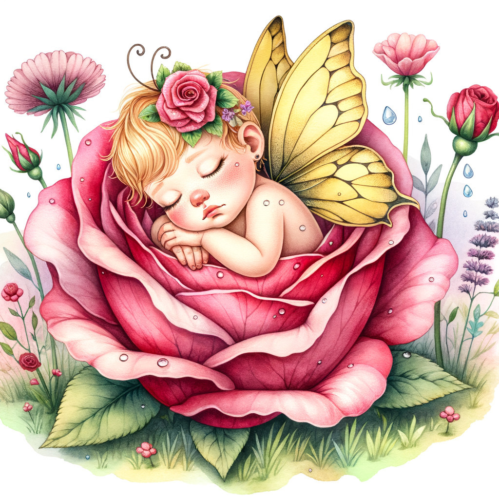 Fairy Baby Sleeping in a Pink Rose Garden Scene