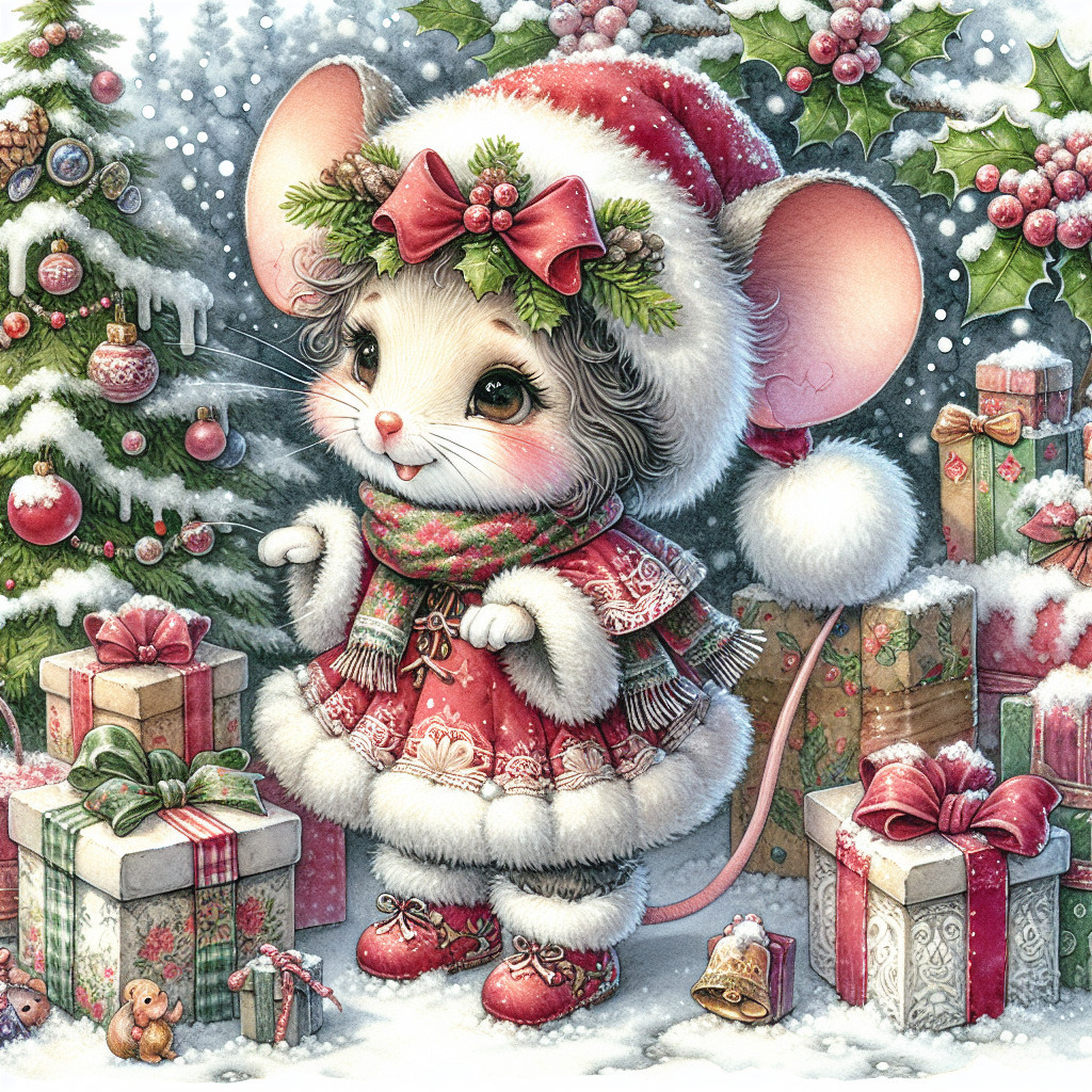 Adorable Mouse in Winter Outfit Amid Christmas Decor