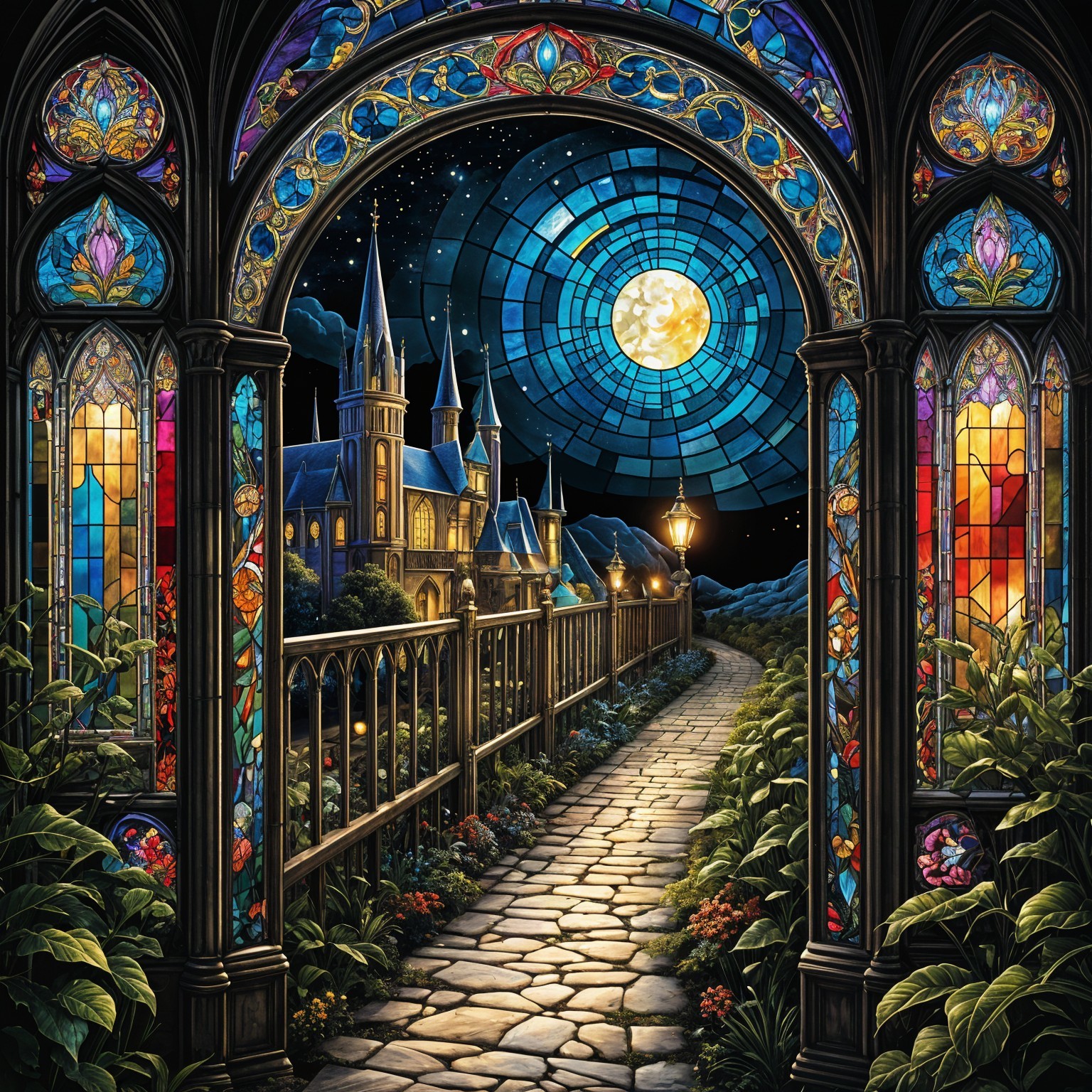 Intricate Stained-Glass Window with Night Castle Scene