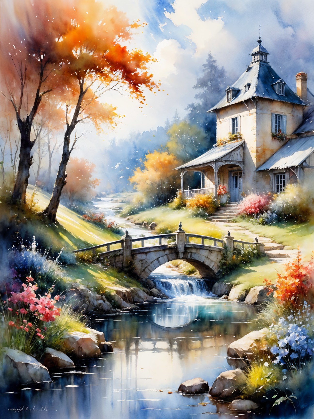 Charming Cottage by Serene Stream in Autumn Landscape