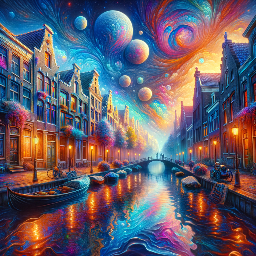 Vibrant Canal Scene with Cosmic Galaxy Above