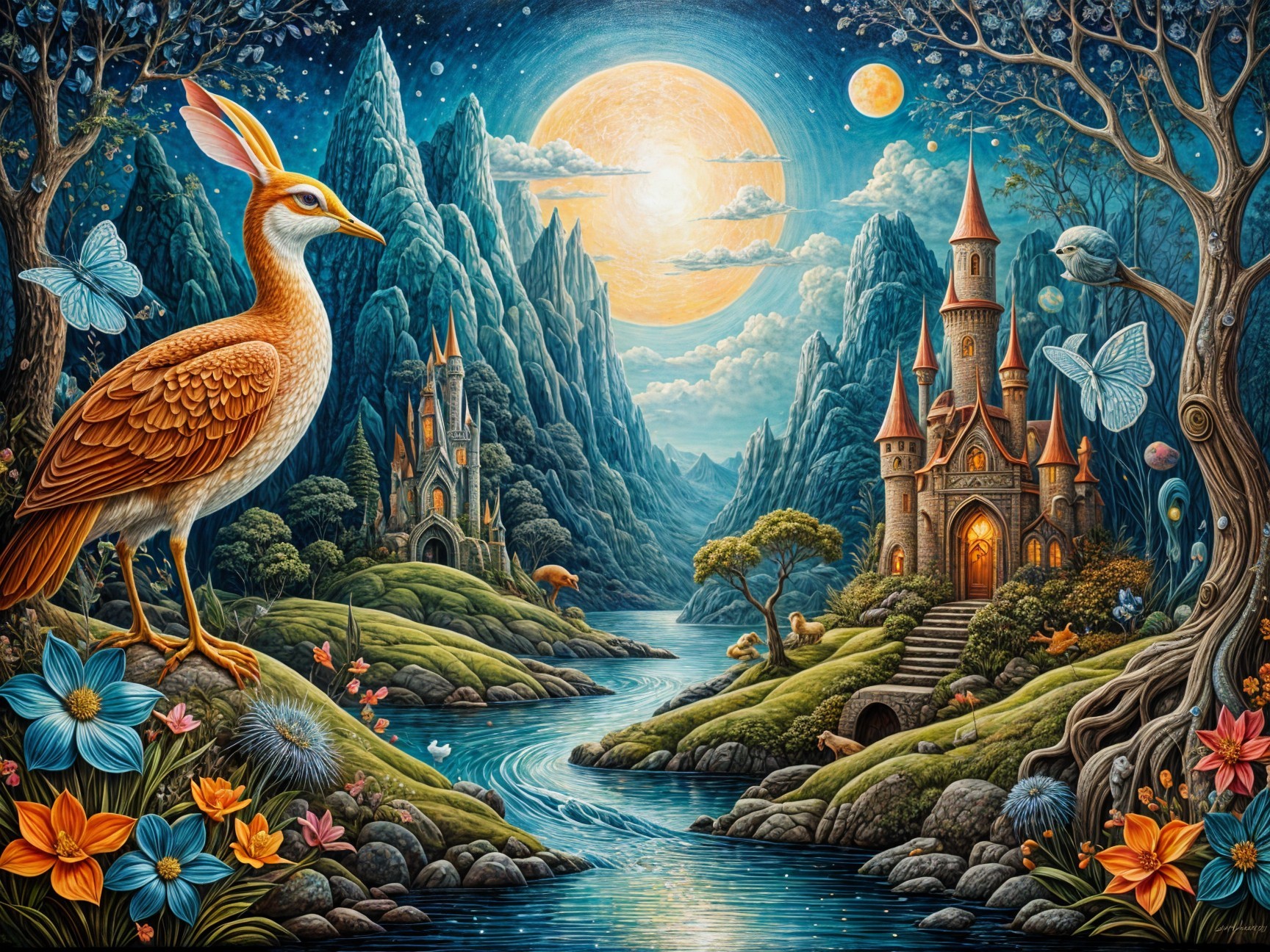 Vibrant River and Castle in a Fantastical Landscape