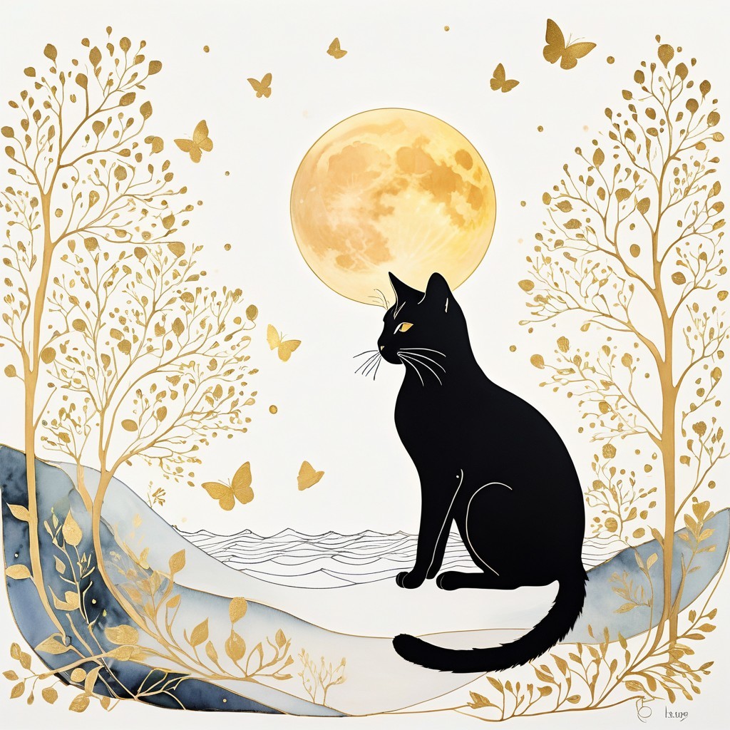 Black Cat Amidst Gold Trees and Butterflies at Night