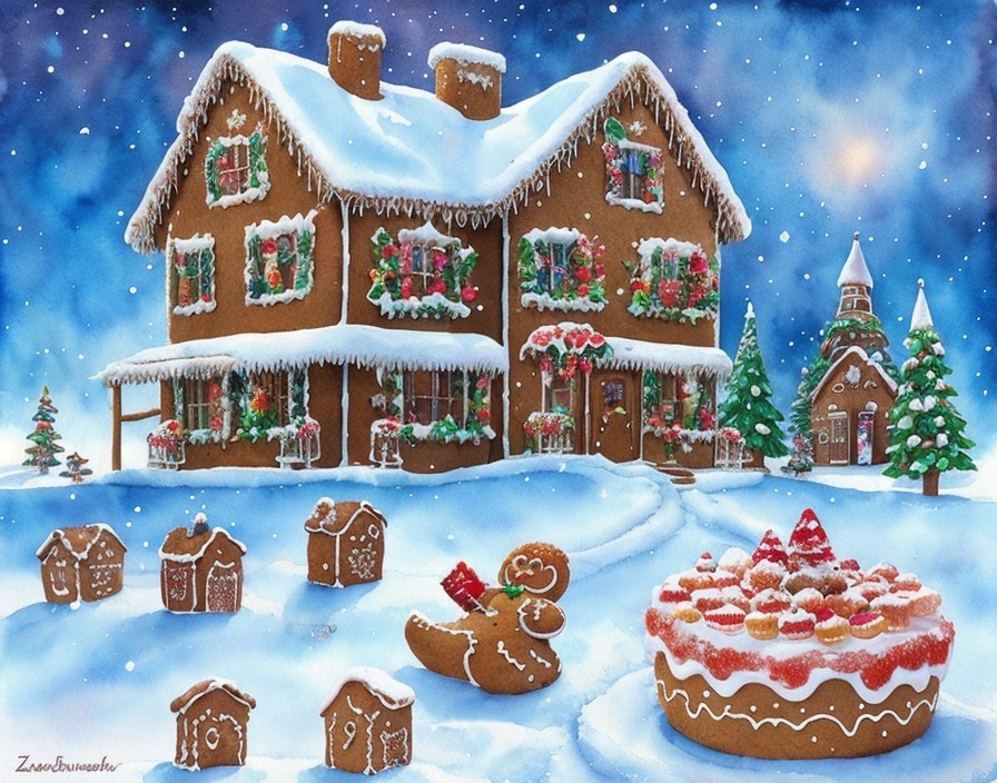 Festive gingerbread house village with holiday decorations