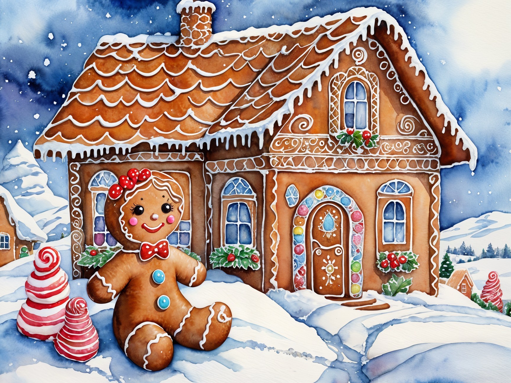 Whimsical Gingerbread House in a Snowy Landscape