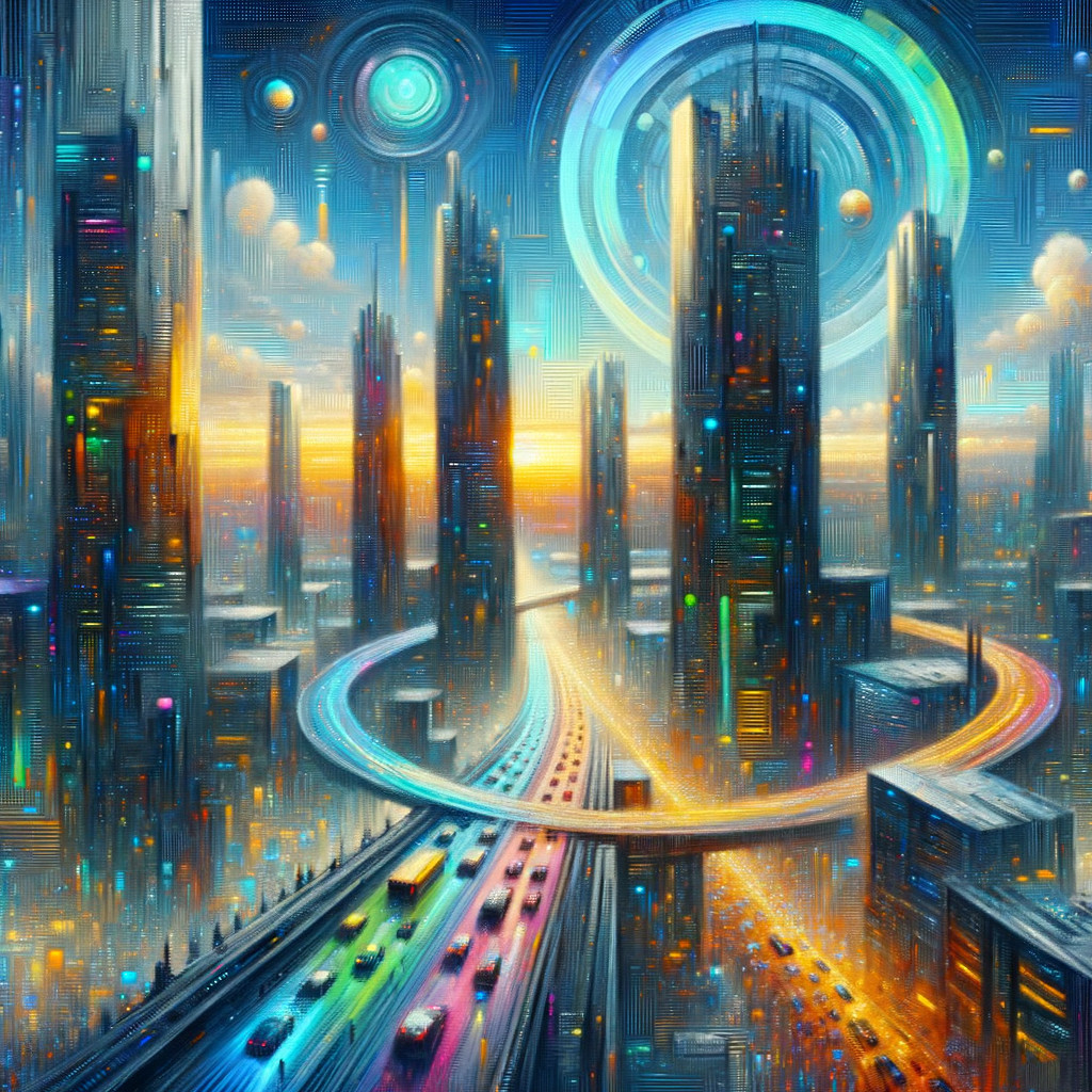 Futuristic cityscape with skyscrapers and vibrant skies