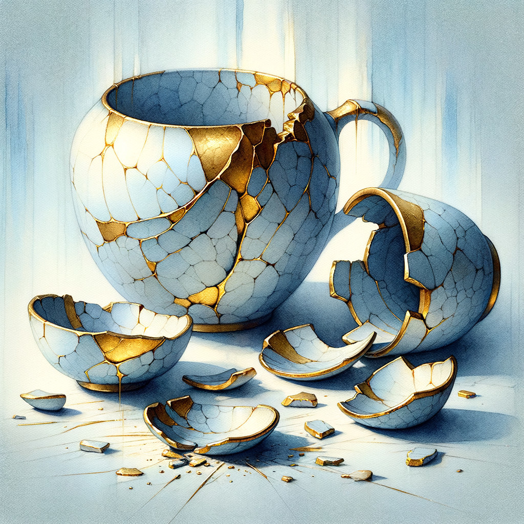 Cracked Ceramic Cup with Golden Veins on Blue Background