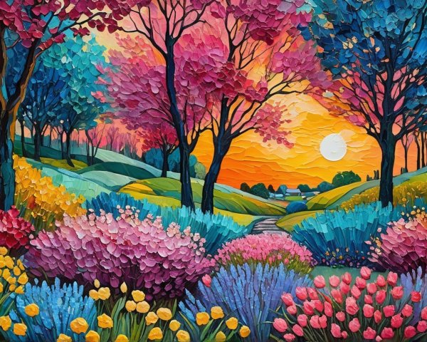 Vibrant Landscape with Colorful Blooming Trees and Hills