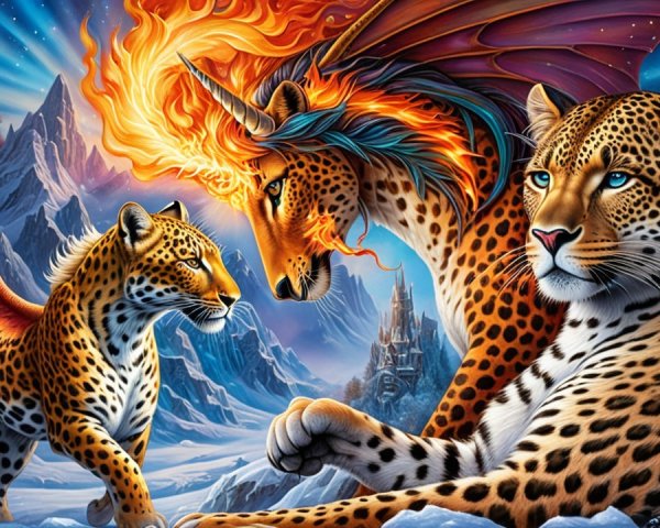 Leopards and Mythical Creature in Dramatic Landscape