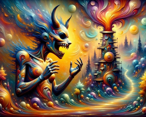 Surreal Landscape with Monstrous Figure and Tower