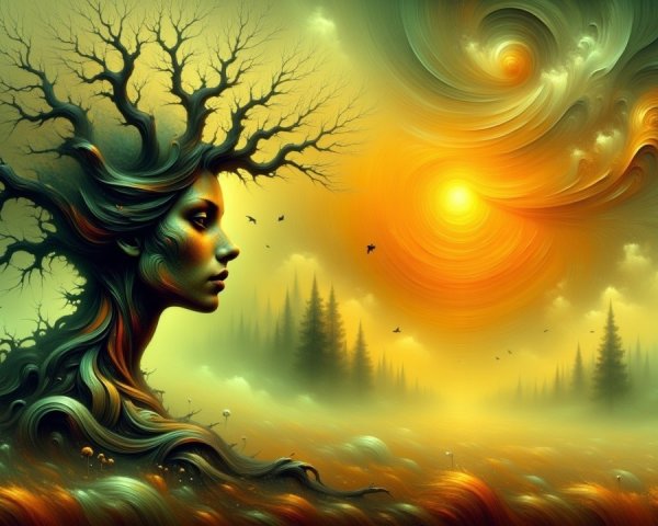 Surreal Landscape of Woman and Tree Merging